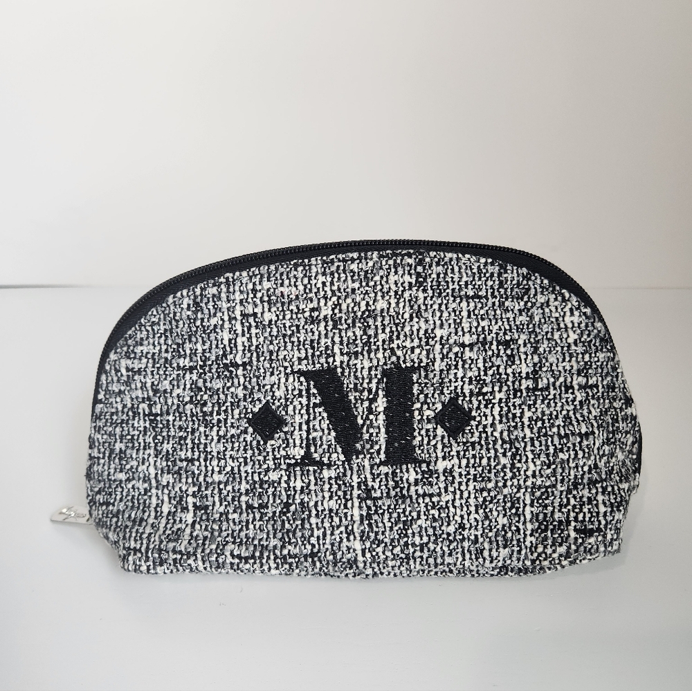 Thirty-One Embroidered M Black and White Tweed Cosmetic Bag
